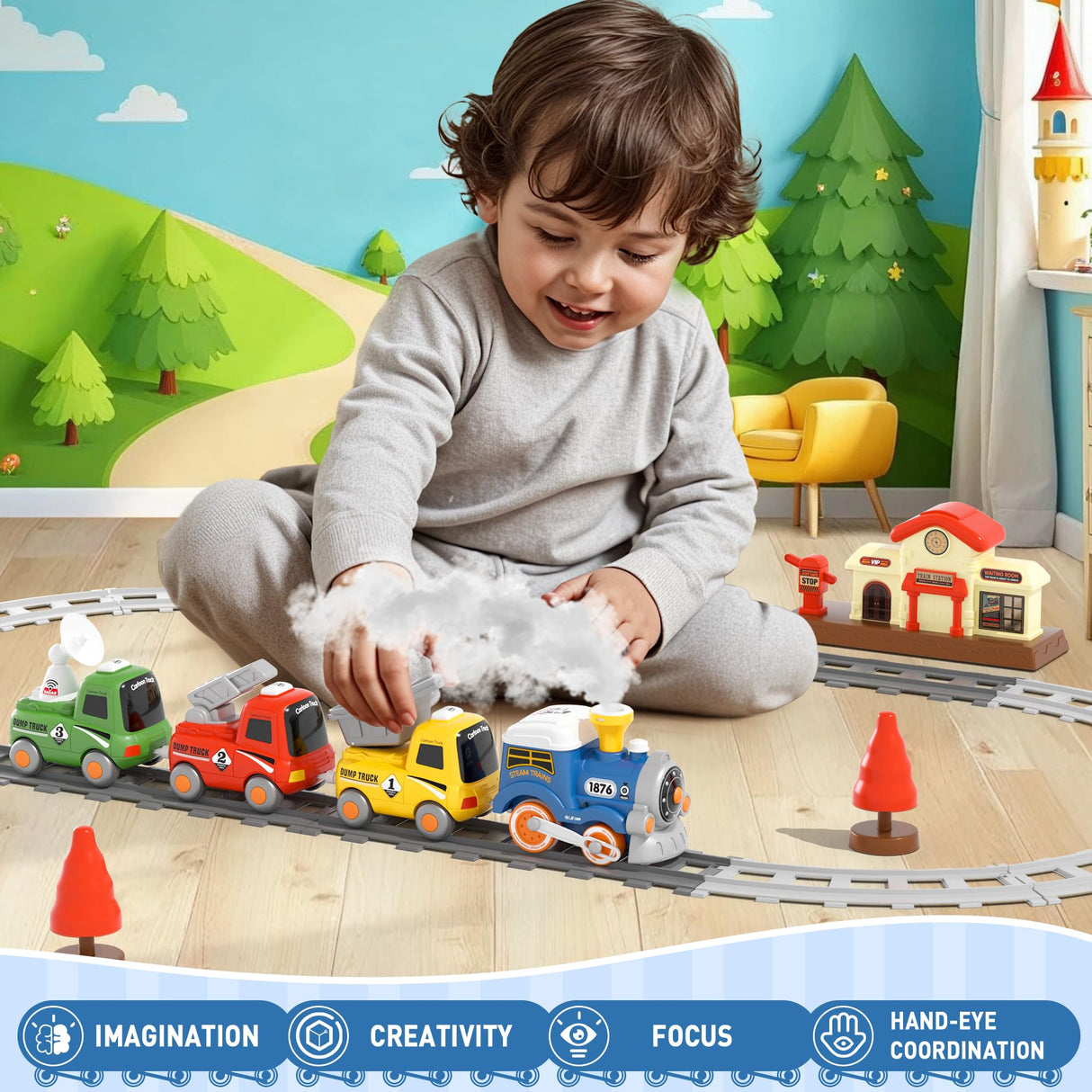MORECOLL Train Set for Toddlers w/Steam, Music & Lights - First Choo Choo Train for Toddlers, Electric Train Set for Kids, Magnetic Train Toys, Christmas Birthday Gifts for Boys Girls