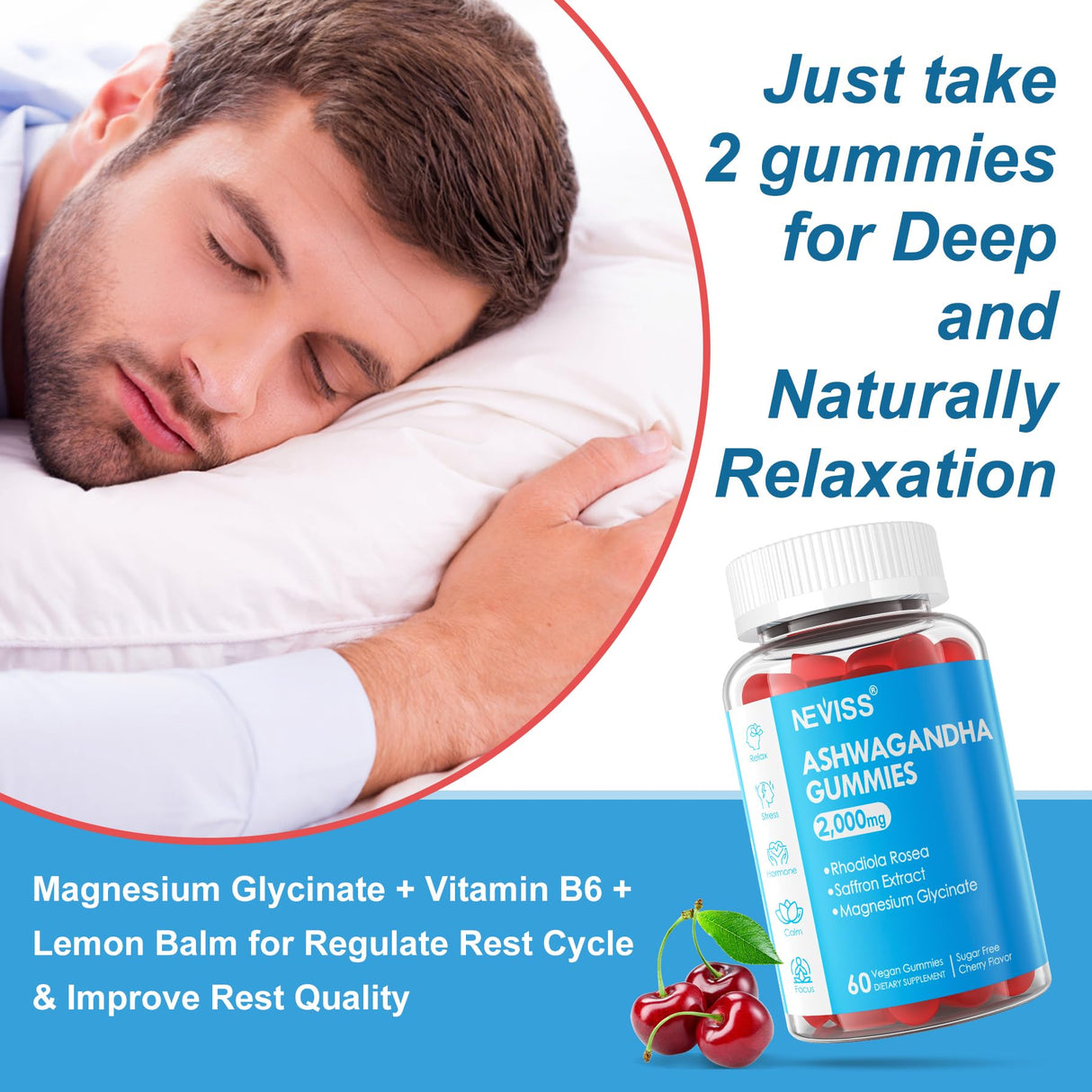Ashwagandha Gummies, Magnesium Glycinate Gummies 200mg for Adults, Vitamin B6, Zinc, Rhodiola Rosea, Lemon Balm, Relaxation Support, Natural Zzz, Brain, Muscle, Stamina, Energy, Sugar Free