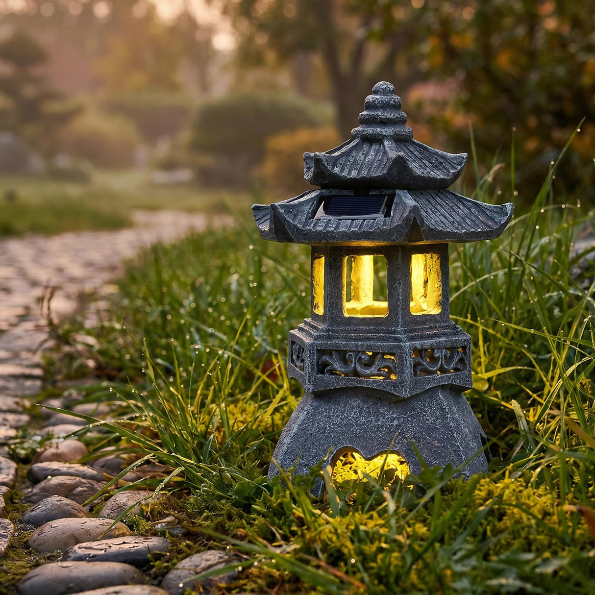 HL3NIGIM Solar Zen Garden Statue, Pagoda Lantern with 3 Solar Panels, Outdoor Decor for Landscape Patio, Balcony and Yard, Gift for Women Mom and Gramma