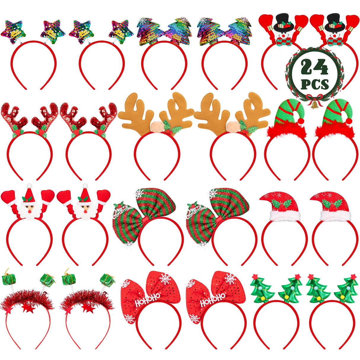 24 Pcs Christmas Headbands, 12 Styles Christmas Headwears with Assorted Design Santa Christmas Tree Snowman Stars Reindeer Antler, Xmas Party Decor for Women Men Christmas Party Favors