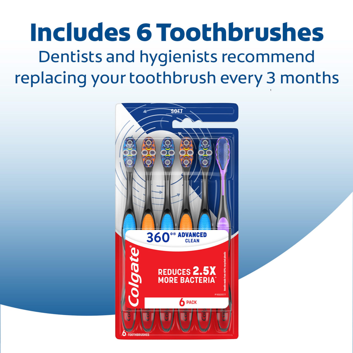Colgate 360 Advanced Clean Floss Tip Soft Toothbrushes, 6 Pack