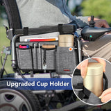 FINPAC Wheelchair Side Storage Bag w/Cup Holder, Wheelchair Armrest Accessories Pouch with Pen Slot and Reflective Strips for Power Walkers, Rollators, Seniors - Gray