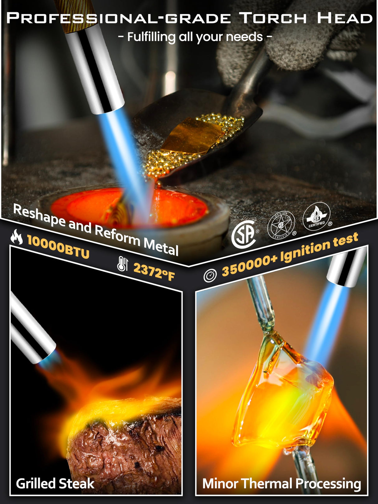 RTTOOA Propane Torch Head, GJ-8000pro High Intensity Torch Head, Trigger Start Gas Torch Kit for Propane, Pencil Flame Welding Torch Fuel by Mapp/Map/Propane, Soldering, Cooking（CSA Certified)