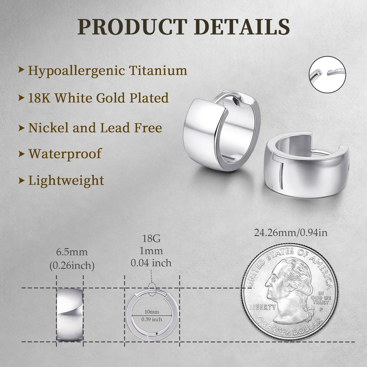 Limerencia Implant Grade Titanium Chunky Wide Huggie Hoop Earrings,Silver