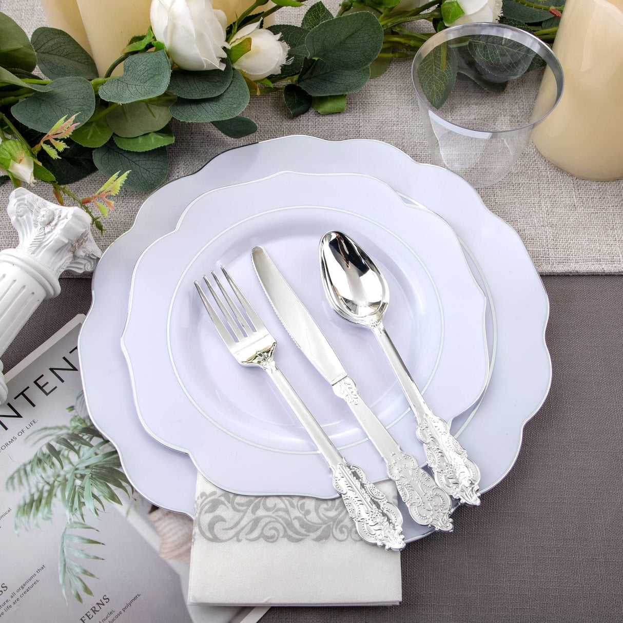 NOCCUR 175pcs Silver Plastic Plates - Silver Rim Plastic Tableware Include 25 Dinner/Dessert Plates, 25 Forks, 25 Knives, 25 Spoons for Wedding/Party/Christmas