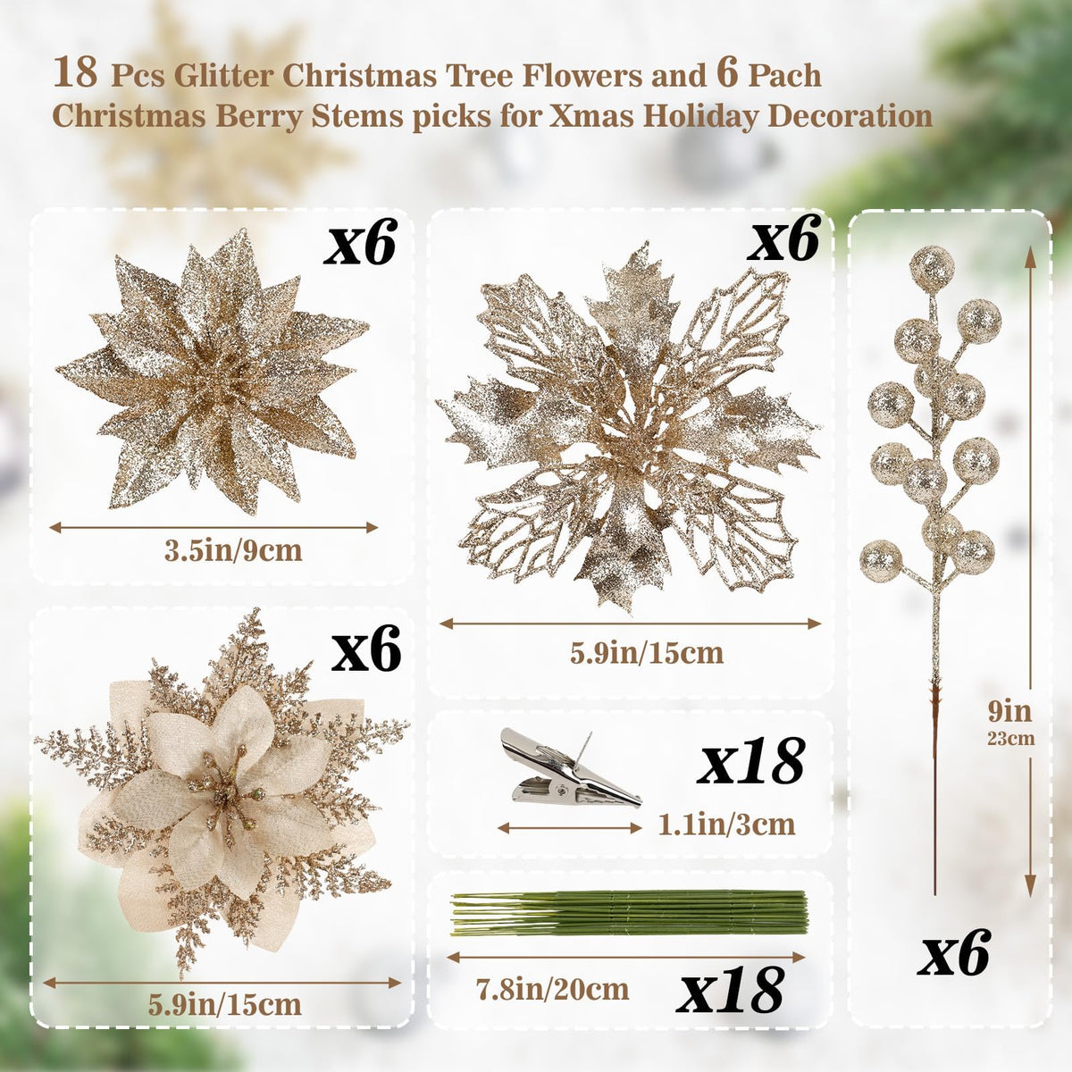 N&T NIETING 24 Pcs Christmas Poinsettia Artificial Flowers & Glitter Berries Stems Kit Christmas Floral Picks Christmas Tree Garland Wreath Filler Ornaments for Home Party Xmas Decor, Champagne Gold