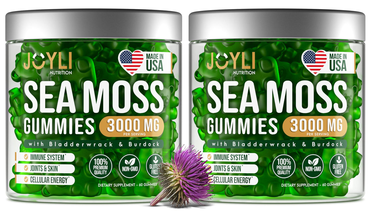 JOYLI Nutrition 2 Pack - Sea Moss Gummies for Adults & Kids – Vegan Irish Sea Moss Supplement with Bladderwrack & Burdock Root – Sugar-Free Immune Support Supplements - 60 Gummy Bears per Pack