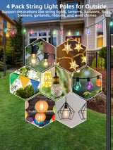 LRYXEG String Light Poles for Outside 4 Pack, 10ft Metal Outdoor String Light Poles for Deck - Ideal for Patio, Garden, Yard, Front Porch Decorations, Black