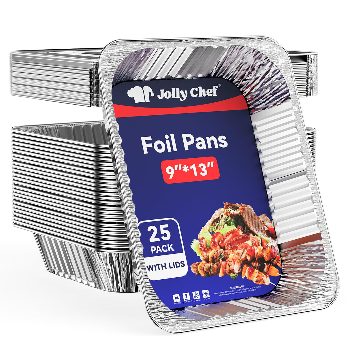 JOLLY CHEF 9x13 Aluminum Pans With Lids (25 Pack)- Disposable Foil Food Containers with Lids for Cooking, Heating, Storing, Prepping Food- Thanksgiving, Christmas, Parties