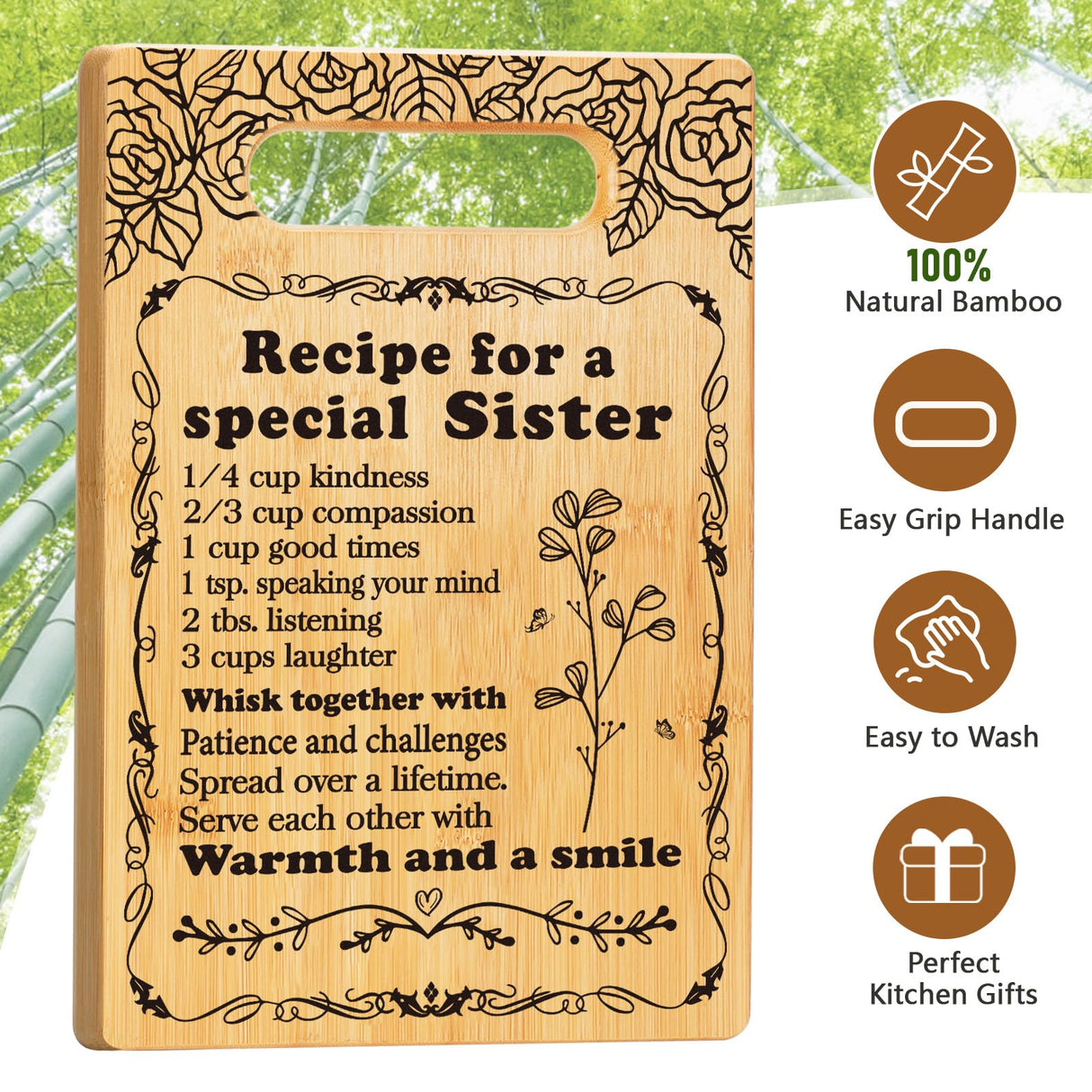 Sister Birthday Gifts Cutting Board Set, "Recipe for a Special Sister" Sister Christmas Gifts from Sister Engraved Utensil Sister Gifts for Women, Friendship Gifts for Bestie Best Friend Soul Sister