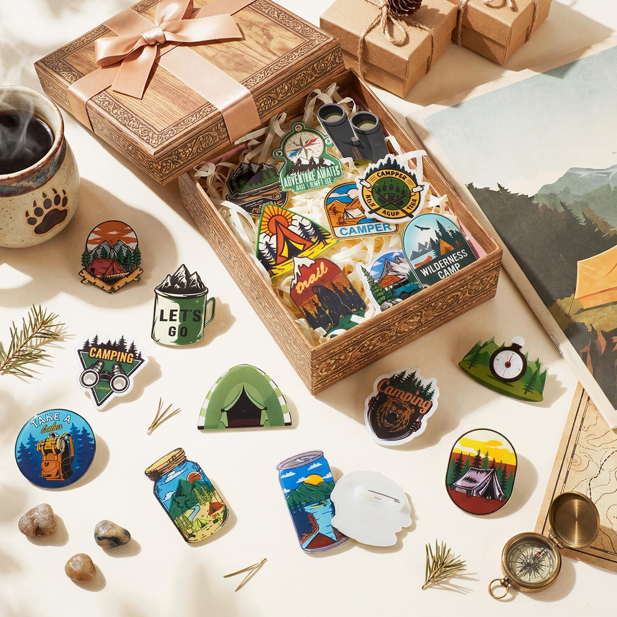 Cunno 100 Pcs Camping Pins Funny Outdoors Camp Adventure Brooch Pins Lapel Pin for Camping Adventure Birthday Party Decorations Gift Hat Jacket Clothes Backpacks Decor Accessories