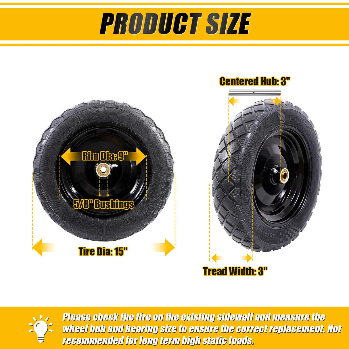 MZREXN 4.80/4.00-8" Flat Free Tire and Wheel 15" Wheelbarrow Tires