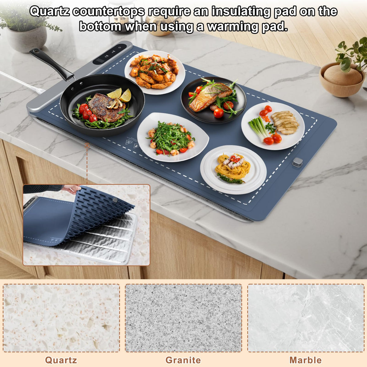 FYY Warming Mat for Food - Rapid and Full Surface Heating, 6 Temp Settings, 6H Timer, Rollable Portable Food Warming Mat, Ideal for Gatherings, Parties, Keep Meal Warm (X Large Size, Navy)