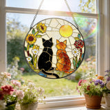 Stained Glass Window Hanging, 7.8" Charming Cat Couple Garden Suncatcher, Sun Catchers Indoor Window Ornament, Suncatchers for Windows, Doors & Home Decor, Gifts for Women, Men, Cat Lover & Pet Lover