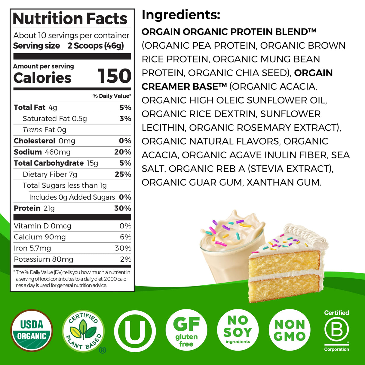 Orgain Organic Vegan Protein Powder, Birthday Cake - 21g Plant Based Protein, 7g Prebiotic Fiber, Low Net Carb, No Lactose Ingredients, No Added Sugar, Non-GMO, for Shakes & Smoothies, 1.02 lb