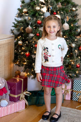 Disney Minnie Mouse Toddler Girl Christmas 2 Piece Outfit Long Sleeve Pearl Button Knit Top & Red Plaid Tweed Skirt Set Birthday Elegant Dress 2T