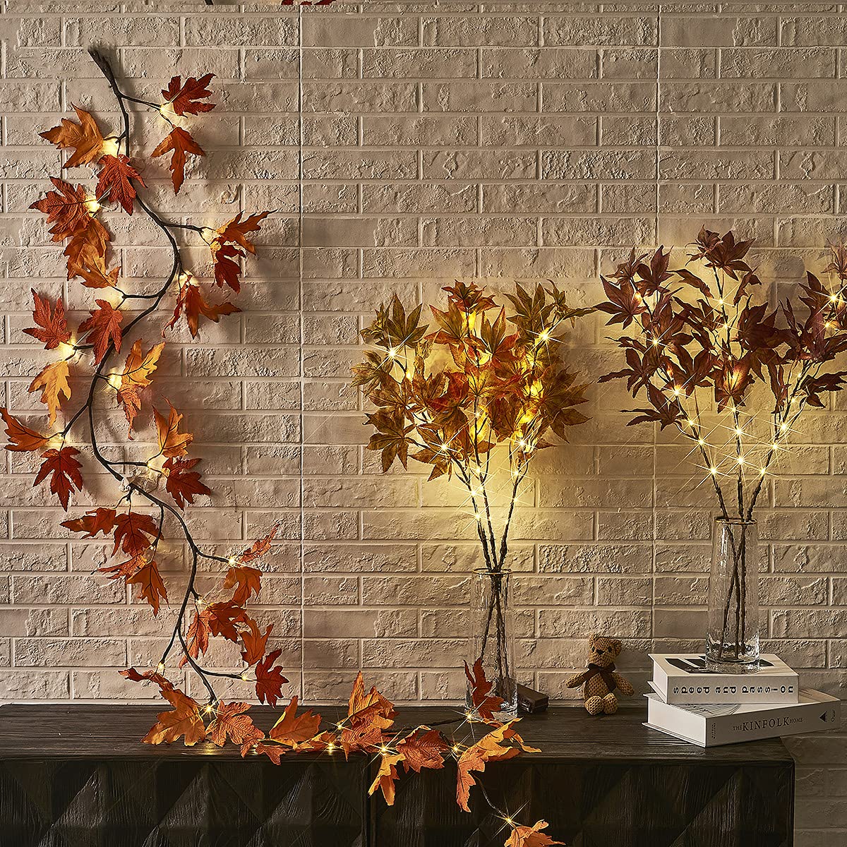 Hairui Lighted Maple Leaf Garland with Timer 6FT 24 Warm White LED, Fall Garland with Lights Battery Operated for Thanksgiving Harvest Christmas Wedding Decoration Indoor Outdoor