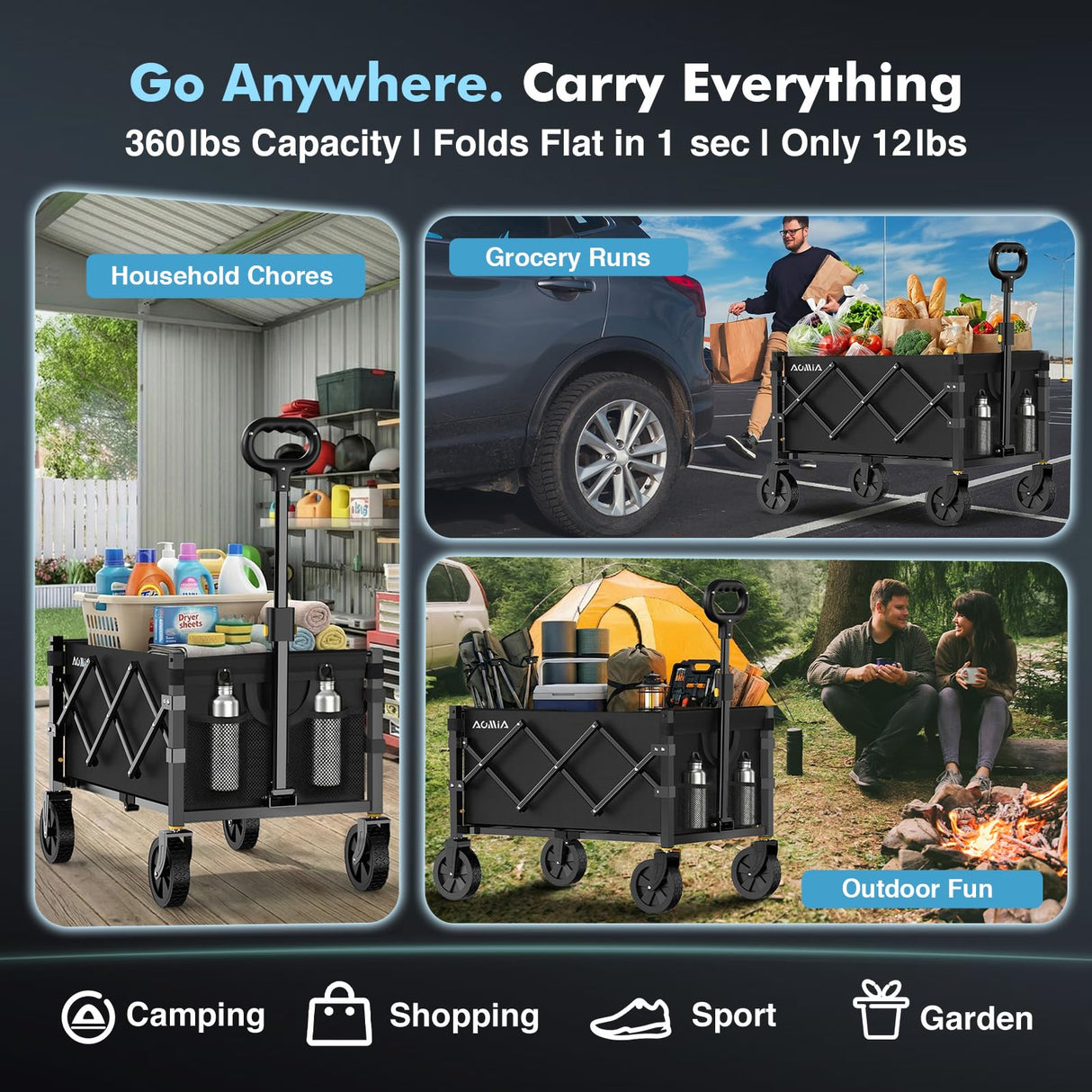 AOMIA Collapsible Foldable Wagon with Wheels Heavy Duty Folding Wagons Carts 360LBS Weight Capacity Portable All Terrain Utility Wagon Cart for Groceries Sports Garden Shopping Beach