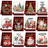 VitalCozy 12 Pcs Christmas Kitchen Towels and Dishcloths Absorbent Merry Christmas Tree Reindeer Truck Santa Claus Hand Dish Tea Towels Plaid Decoration for Xmas Home Gift Supplies, 14.2 x 21.3 Inch