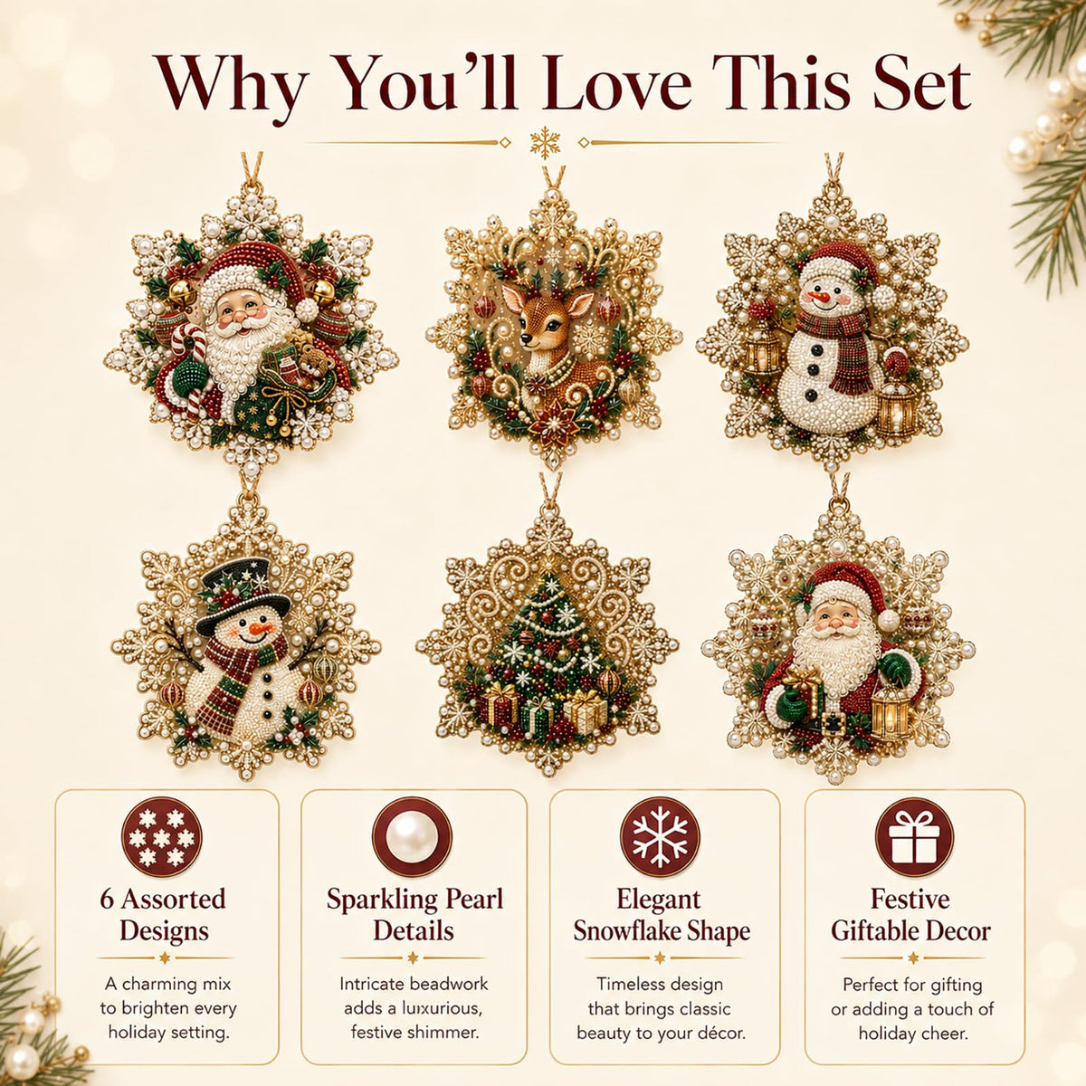 6 Pcs Christmas Pearl Art Ornament Kits, DIY Gem Craft for Tree Decor