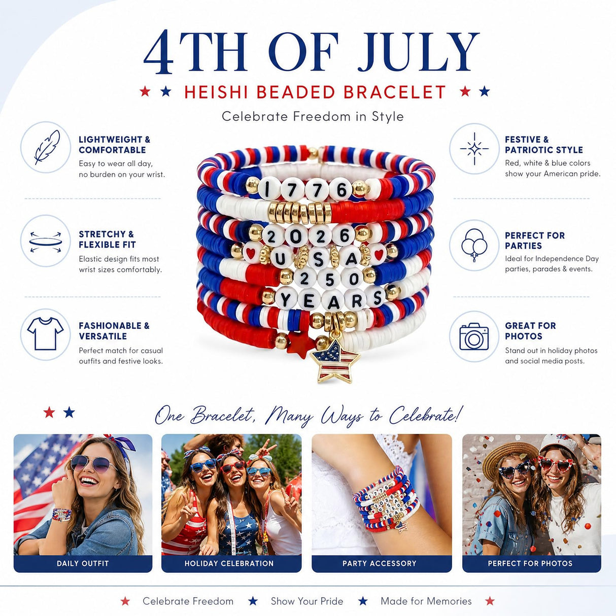 Cmfuegsk 250th USA Patriotic Bracelets Set, 4th of July Bracelets, USA Bracelets, Red White Blue Beaded Stretch Bracelets, Patriotic Jewelry for Women, 250 Anniversary USA Merchandise