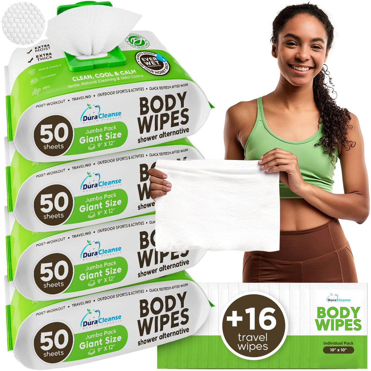 Body Wipes for Women, Extra Moist No Rinse Bathing Sheets (4pk), 200 XL Shower Cloths + 16 Deodorizing Bath Wipes - 9"x12" Travel Size Essentials, Toiletries for Womens Hygiene & Post Workout Cleanup