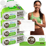 Body Wipes for Women, Extra Moist No Rinse Bathing Sheets (4pk), 200 XL Shower Cloths + 16 Deodorizing Bath Wipes - 9"x12" Travel Size Essentials, Toiletries for Womens Hygiene & Post Workout Cleanup