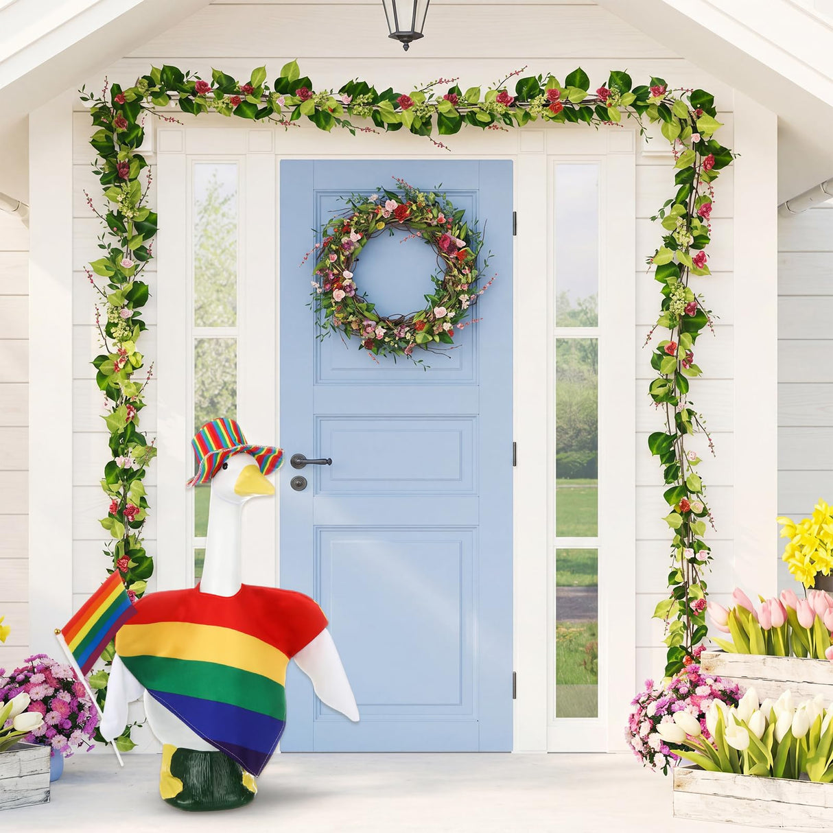 JolliLudo Rainbow Pride Porch Goose Outfit for LGBTQ Pride Month Goose Dress Clothes with Stripes Top Hat and Flag Costume for 23" Gooses Statue Decoration Patio Yard Garden Lawn Outdoor Decors