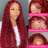 250% Density 99J Burgundy 13x6 Deep Wave HD Lace Front Wigs Human Hair for Women Glueless Burgundy Deep Curly Lace Frontal Wigs Brazilian Virgin Human Hair Wigs Pre Plucked with Baby Hair(#99j,28Inch)