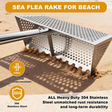Sea Flea Rake for Beach - Premium 304 Stainless Steel Sand Sifter w 48'' Ergonomic Curved Long Handle, Beach Sifter w Large Basket w Curved Teeth, Sand Crab Catcher for Shark Teeth, Shells