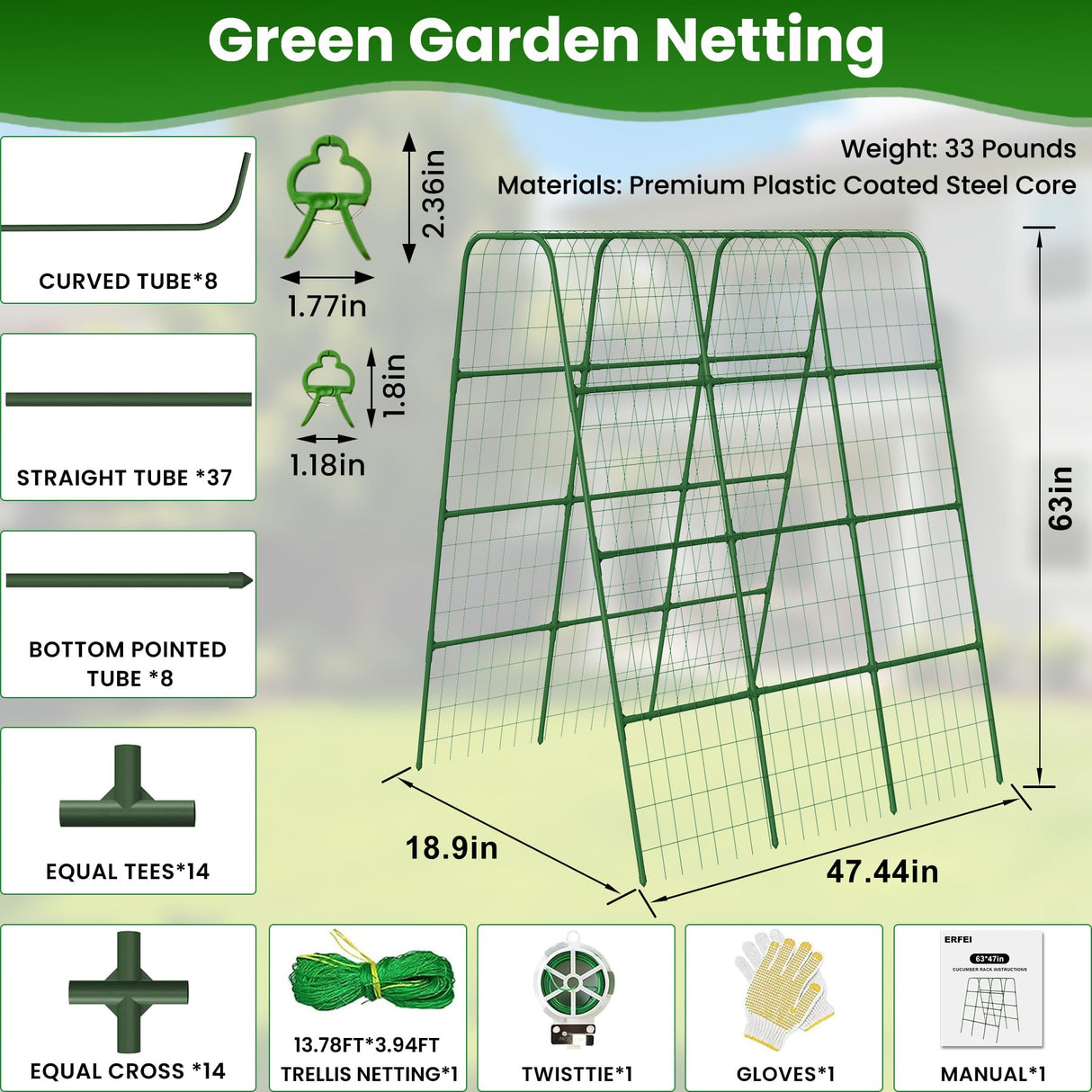 63"/5FT Heavy Duty Cucumber Trellis for Raised Beds, 16mm Metal Garden Trellis with Netting & Clips, Tall Vegetable Trellis for Tomatoes, Beans, Peas & Climbing Plants