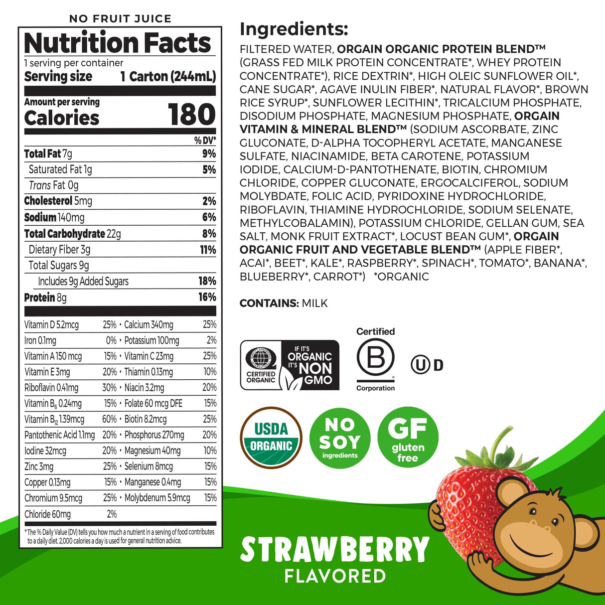 Orgain Organic Kids Protein Nutritional Shake, Strawberry - 8g of Protein, 22 Vitamins & Minerals, Fruits & Vegetables, Gluten Free, Soy Free, Kosher, Non-GMO, 8.25 Ounce (Pack of 12)