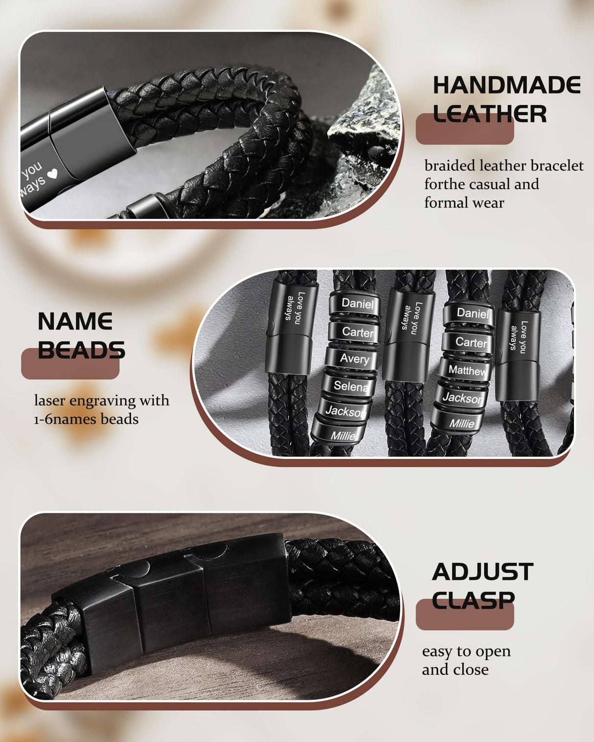 Personalized Braided Leather Bracelets Custom Leather Name Bracelet engraved with 1-6 Names for Men Gifts for Christmas Valentines Fathers Day Birthday Anniversary Boyfriend Grandpa (Black)