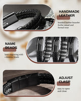 Personalized Braided Leather Bracelets Custom Leather Name Bracelet engraved with 1-6 Names for Men Gifts for Christmas Valentines Fathers Day Birthday Anniversary Boyfriend Grandpa (Black)