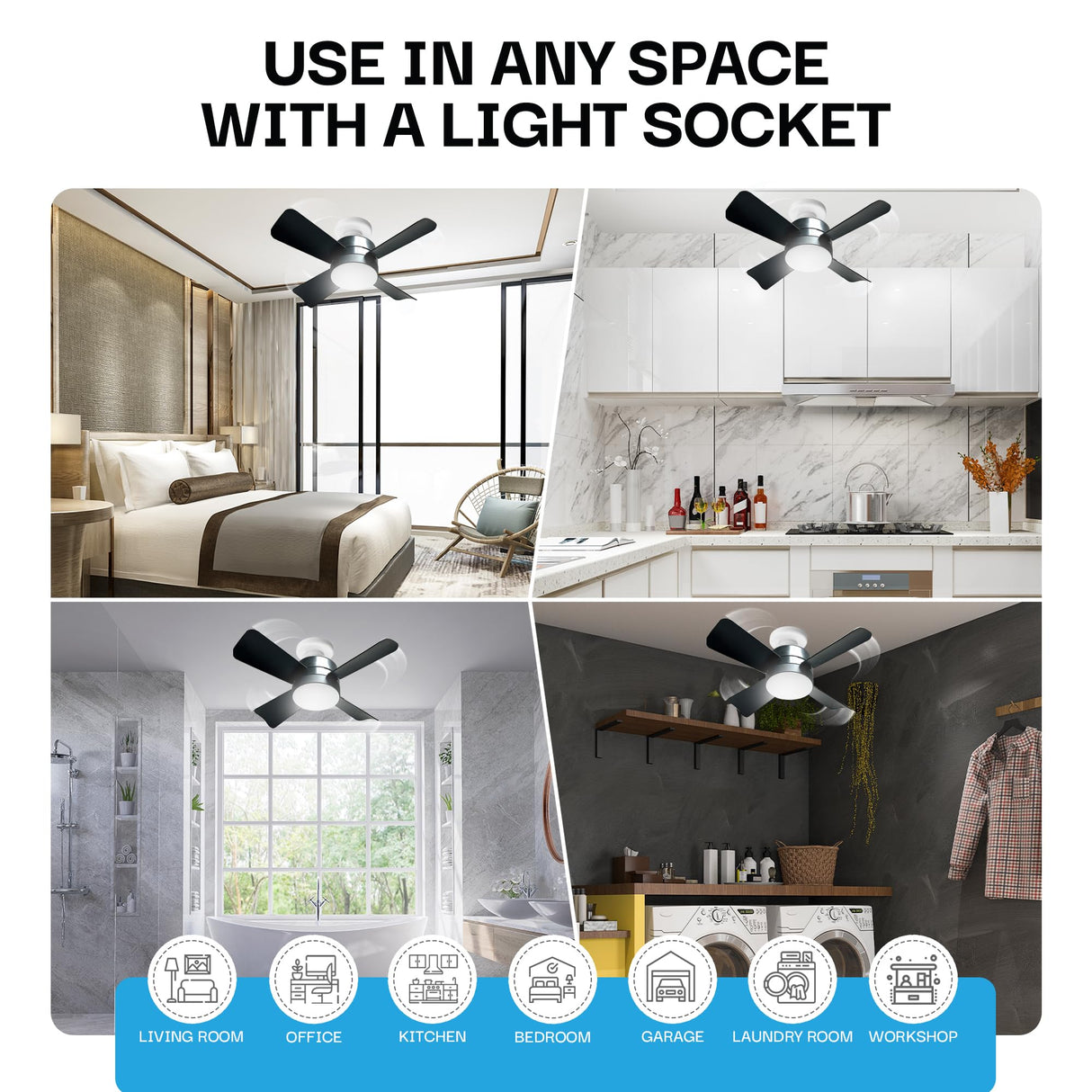 Bell+Howell Socket Breeze Deluxe, Small Ceiling Fan with LED Light and Remote, Adjustable Speeds and Brightness, Light Socket Fan for Bedroom, Kitchen, Living Room, 1000 Lumens
