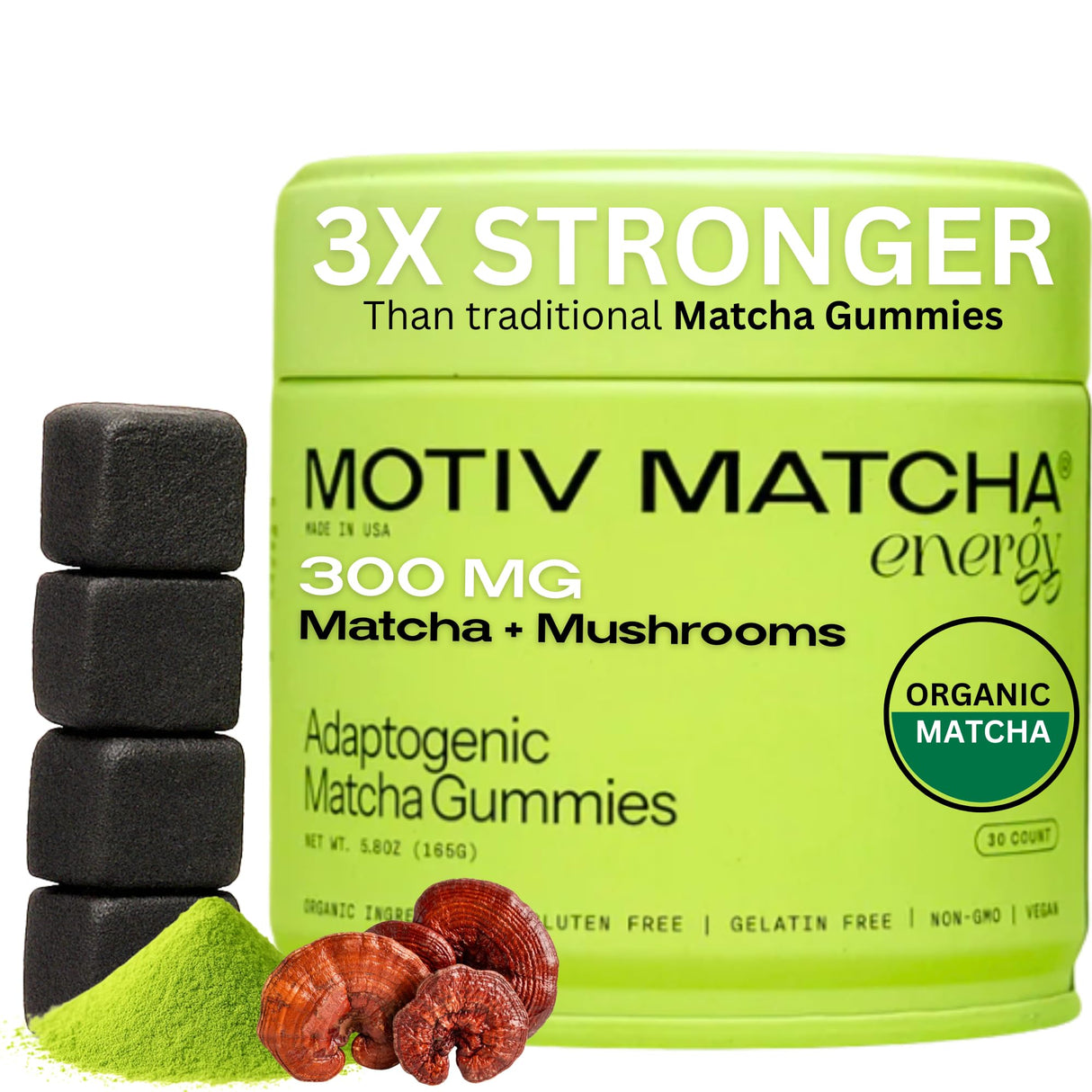 Motiv- Organic Matcha & Mushrooms Energy Gummies | 300 MG Concentrate Matcha Green Tea + Mushroom Blend | Improve Brain Function, Immune Support, Gut Health, Reduce Stress - Vegan, Non-GMO