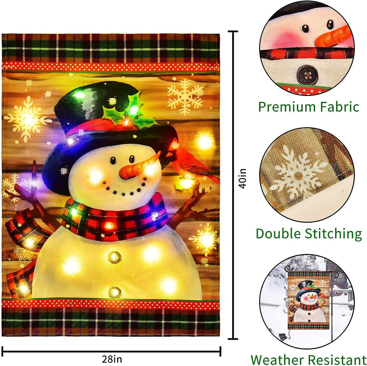 Lighted Christmas Garden Flag for Outside, Led Snowman Garden Flag, Winter Yard Flag 28x40 Double Sided for Outdoor Yard Porch Lawn Decoration
