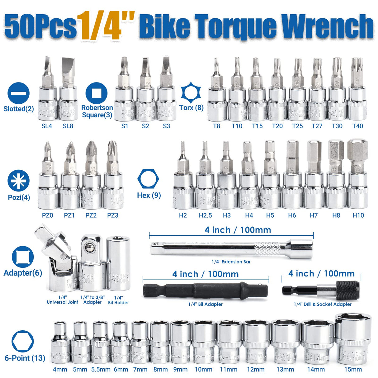YIYEIE 50Pcs Master Bike Torque Wrench Set, 1/4 Inch Drive, 10-230 IN.LB (1-26.0 Nm), Inch Pound Click Torque Wrench with Bit Sockets, 0.1 Nm Micro, 3/8 Adapter, Pro Bicycle Tool Kit for MTB