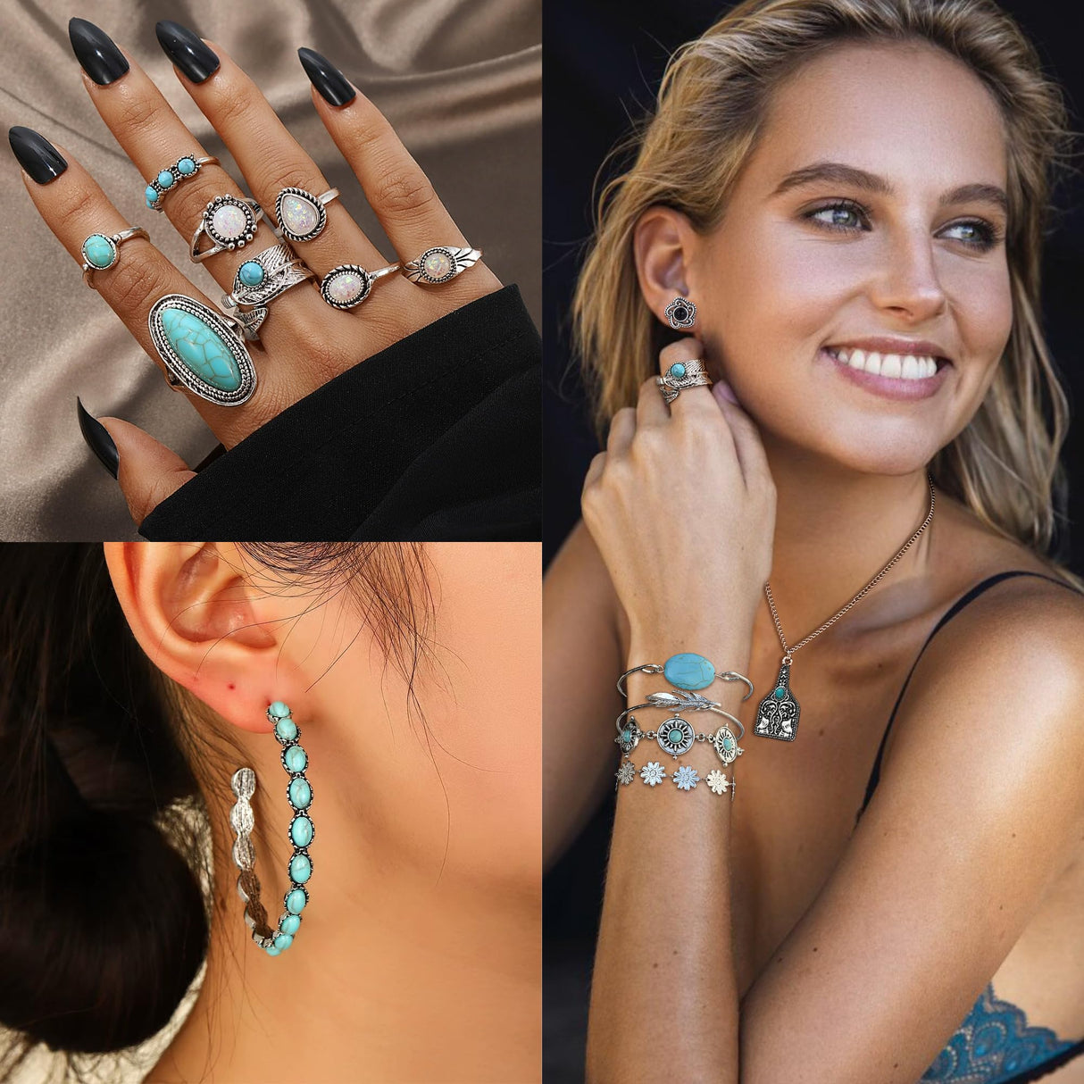MEDOJO 26 Pcs Boho Jewelry Set for Women Bohemian Layered Western Necklace Stackable Turquoise Ring Turquoise Hoop Dangle Earrings Studs
