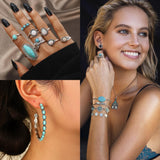 MEDOJO 26 Pcs Boho Jewelry Set for Women Bohemian Layered Western Necklace Stackable Turquoise Ring Turquoise Hoop Dangle Earrings Studs