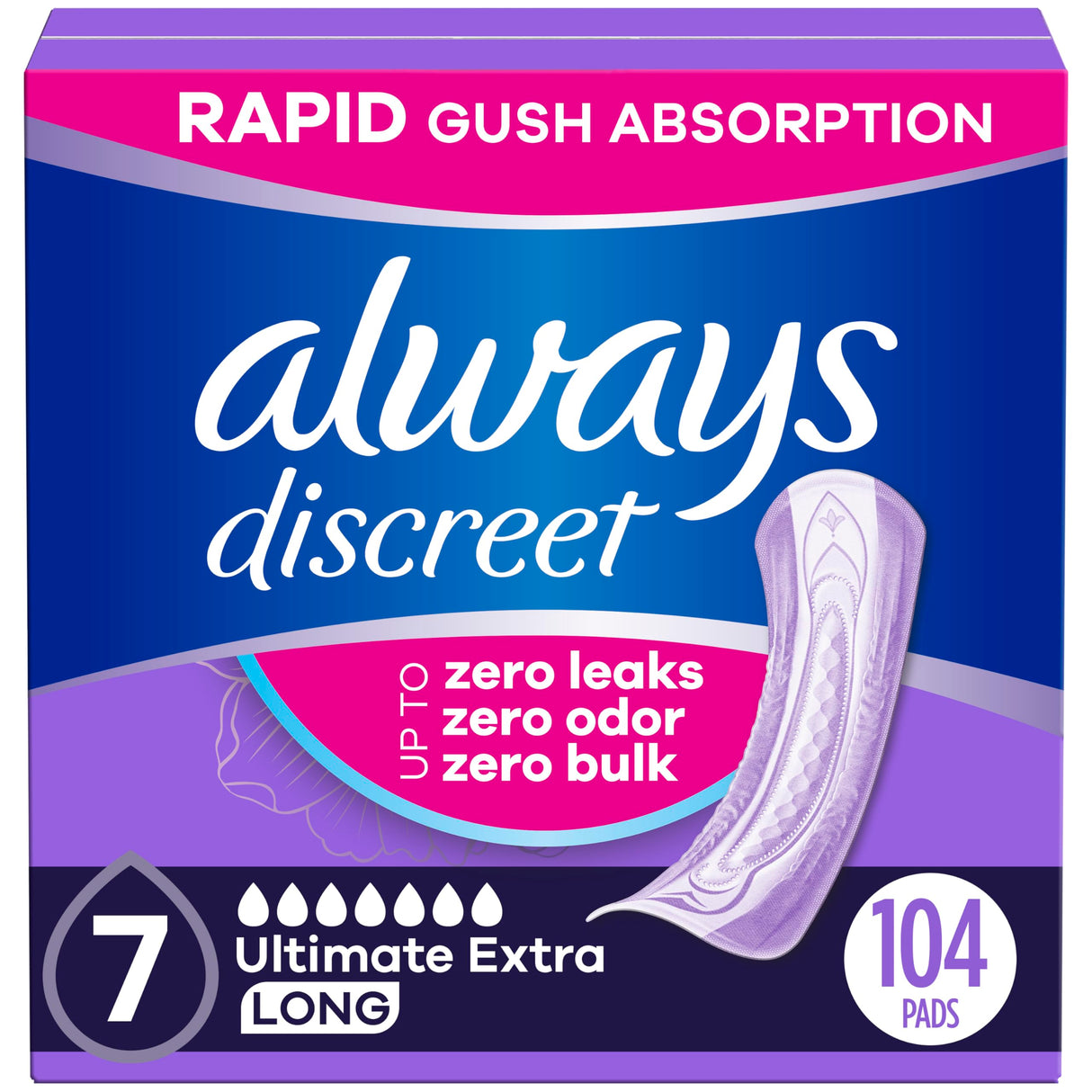 Always Discreet Adult Incontinence Pads for Women, Ultimate Extra Absorbency, Long Length, Postpartum Pads, 104 Count (Packaging May Vary)