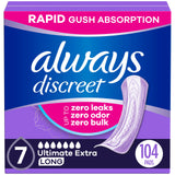 Always Discreet Adult Incontinence Pads for Women, Ultimate Extra Absorbency, Long Length, Postpartum Pads, 104 Count (Packaging May Vary)