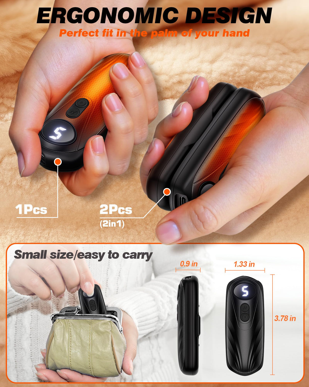 Funaudio Hand Warmers Rechargerable 2 Pack - 6000mAh Electric AI Handwarmers with LED Display, 5-Level, 2 in 1 Portable Heater, Stocking Stuffers, Gifts for Women/Men/Christmas/Golf/Hunting Essentials