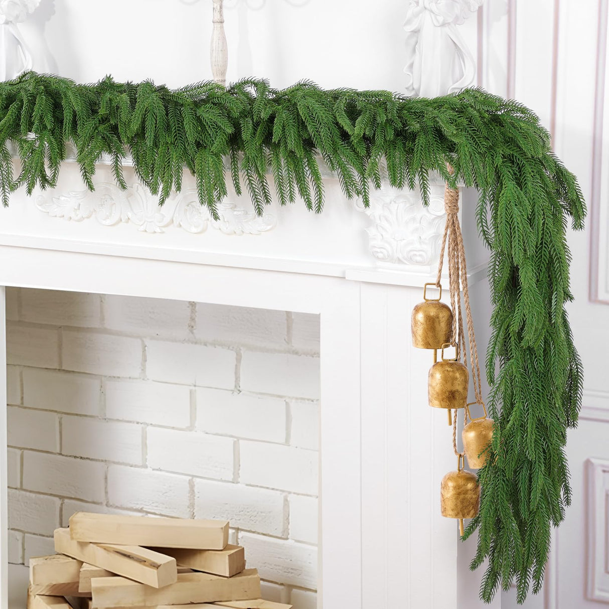 Hananona 2 Pcs 6 Ft Artificial Norfolk Pine Garlands, Real Touch Winter Pine Garland, Green Artificial Greenery Garland for Table, Mantle, Wall, Indoor, Outdoor Christmas Decorations (2, 6 FT)