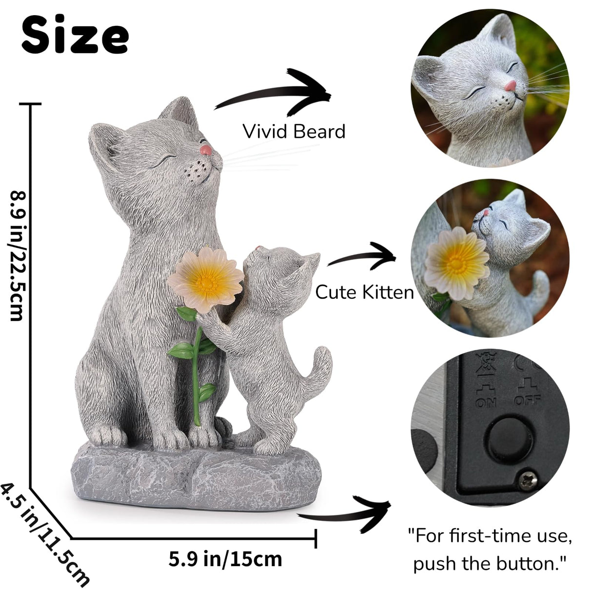 QZFFZQ Solar Cat Garden Statue Outdoor Decor - Mother & Kitten Figurines with Flower LED Light, Outside Yard Art Patio Balcony Lawn Ornament, Unique Gifts for Cat Lover