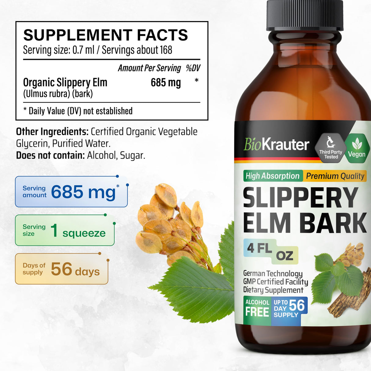 BIO KRAUTER Slippery Elm Bark Drops - Ulmus Rubra Slippery Elm for Women and Men - Respiratory & Digestive Support - Vegan, Alcohol & Sugar Free Extract - 4 Fl.Oz.