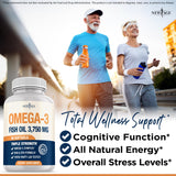Triple Strength Omega 3 Fish Oil 3750 mg - EPA & DHA - Over 3000mg Omega-3 Fatty Acids - 1350mg EPA + 900mg DHA - Best Essential Fatty Acids, Burpless Fish Oil - 180 Count