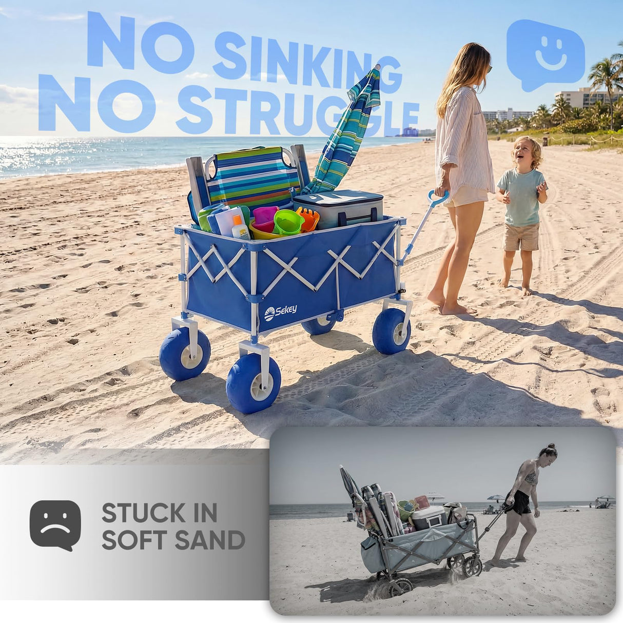 Sekey Heavy Duty Beach Wagon with 9" Big Sand-Proof Wheels – 600lb Capacity, 200L Oversized Foldable Cart | Adjustable Handle & All-Terrain Tires for Sand, Camping