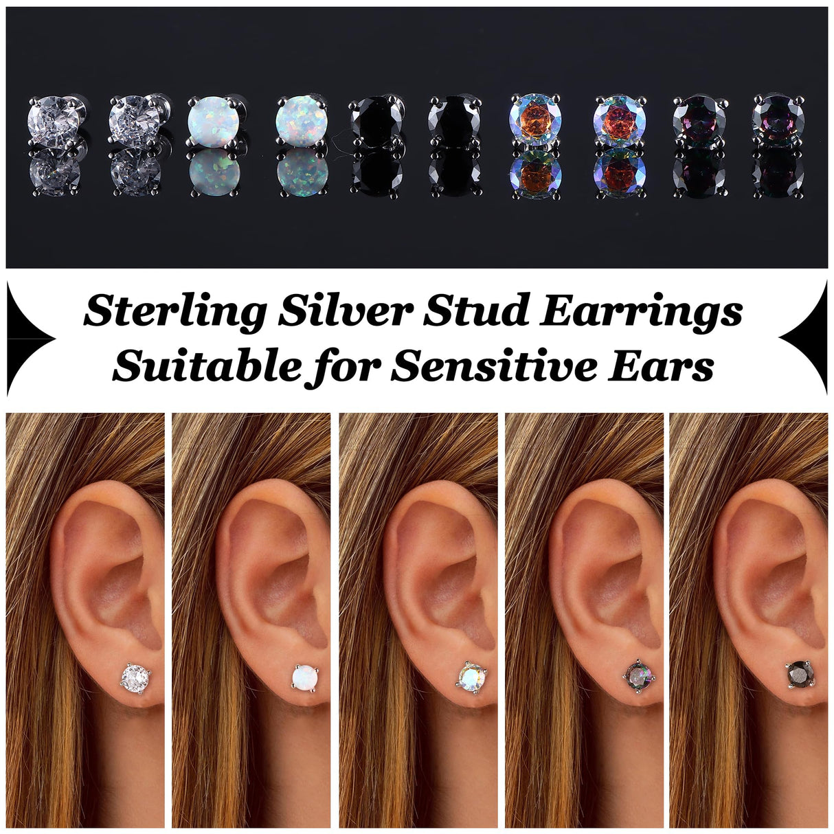 MILACOLATO 5 Pairs 925 Sterling Silver Stud Earrings for Women 6MM CZ