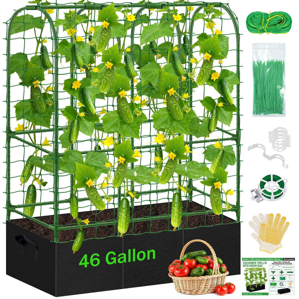 Sunwinx Garden Cucumber Trellis for Climbing Plants Outdoor with Grow Bag, 65x50 Inch Large U-Shaped Cucumber Trellis for Raised Bed, Metal Arch Plant Trellis for Vegetable Grape Pea Bean Vine Squash